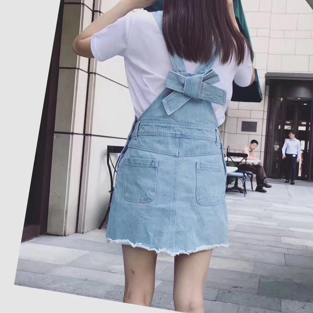 Denim Overall Mini Dress With Bow Tie On The Back